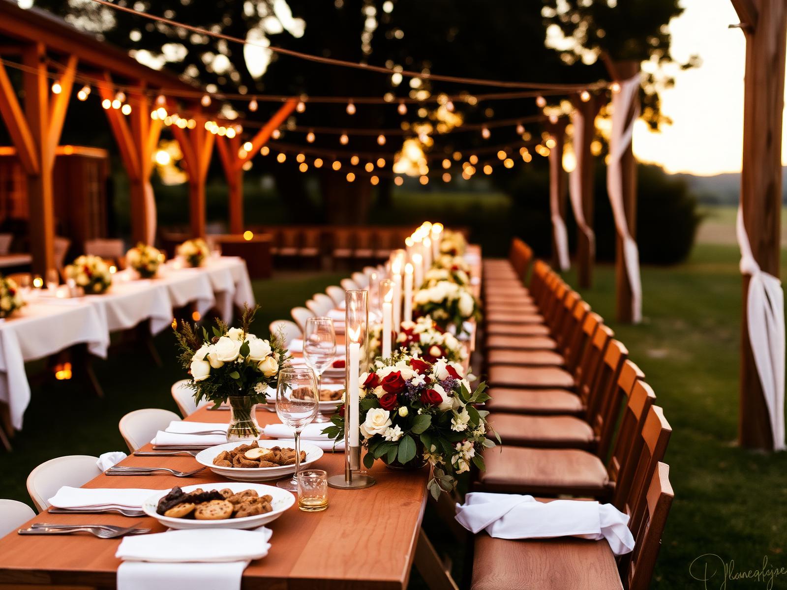 Beautifully set outdoor wedding reception table with seasonal flowers and candles